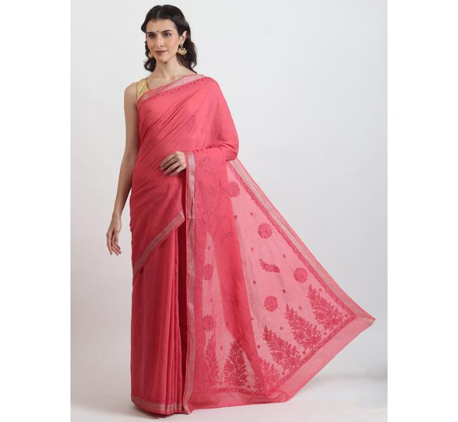 The Weavers Shop By Raavi Chanderi Cotton Chikankari Hand Embroidery Work Saree